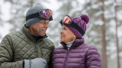 Happy senior African American couple smiling at each other in a snowy forest. Mature man and woman in winter ski gear enjoying an outdoor vacation. Active retirement and love concept - Powered by Adobe