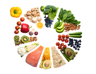 A colorful assortment of fresh fruits, vegetables, nuts, and seafood arranged in a circular pattern highlighting healthy food options