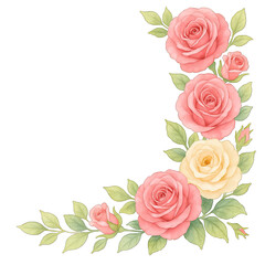 Pink and yellow roses with green leaves in corner frame