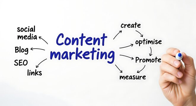 Content marketing mind map with related concepts like social media, blog, seo, links, create, optimise, promote, and measure, isolated on white background