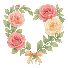 Romantic heart shape wreath with pink and cream roses and green