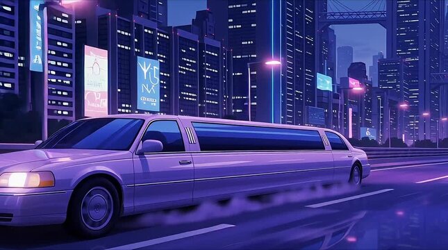 A luxurious white stretch limousine speeds through a futuristic cityscape at night, with glowing neon signs and towering skyscrapers under a purple sky