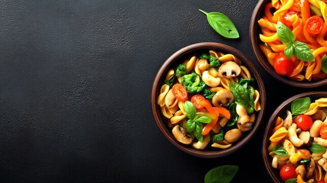 Colorful bowls filled with delicious Italian pasta dishes display fresh vegetables like mushrooms, tomatoes, and basil on a dark surface, inviting a culinary adventure