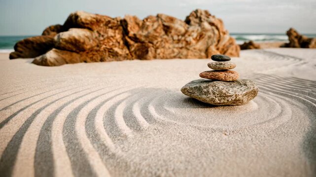 Raked sand and stones by the sea, wabi sabi aesthetic and mindfulness for relaxation, Japanese minimalism, and inspiration.