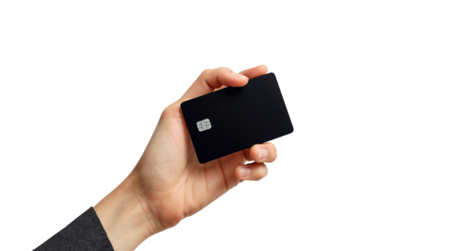 Hand holding black credit card isolated on transparent background - Powered by Adobe