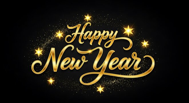 Happy new year golden text with stars and glitter on black background
