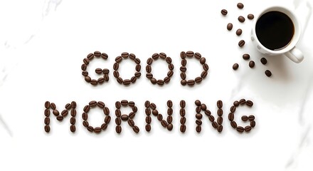 Good Morning Text Made of Coffee Beans with Cup of Coffee caffeine wake up