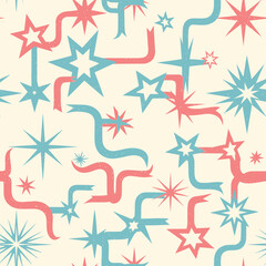 Retro seamless pattern with atomic age stars and wavy lines.