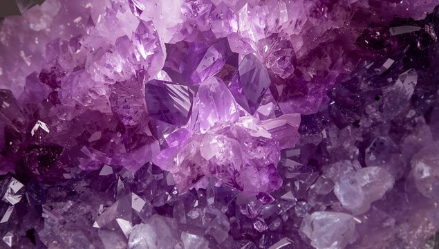 Abstract Crystal Formation in Purple and White, Faceted Surface with Geometric Shapes.