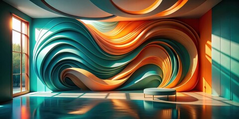 Abstract Teal and Orange Swirling Wall Art in a Modern Room with a Single Ottoman