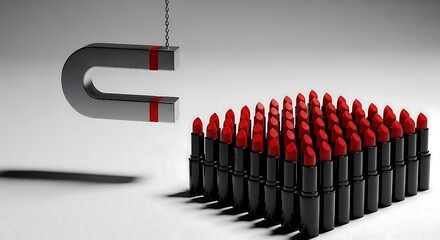 Horseshoe magnet attracting a row of red lipsticks attraction magnetism