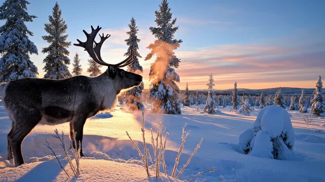 A majestic reindeer stands in a snowy winter forest at sunset. Vertical video of an arctic animal backlit by the golden sun. Beautiful Lapland nature scene