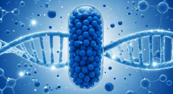 Blue D N A helix and capsule filled with blue spheres on a blue background molecule science