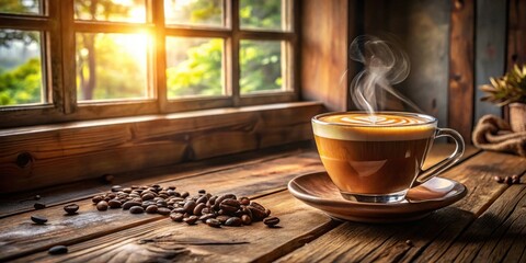 Aromatic Coffee in Rustic Setting Sunlit Window, Steaming Latte, and Roasted Beans on Wooden Table
