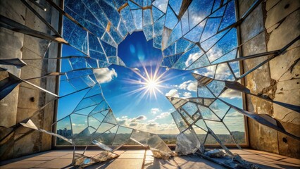 Shattered Glass Reveals a Radiant Sun and Serene Sky Through a Crumbling Structure