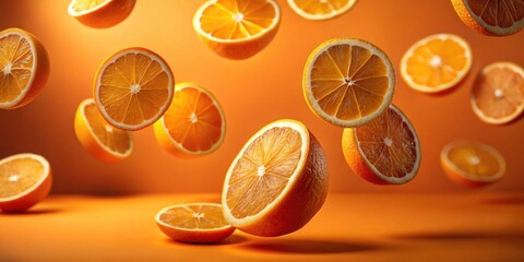 A vibrant cascade of juicy orange slices, suspended in mid-air against a warm, saturated backdrop, evokes a feeling of freshness and zest.