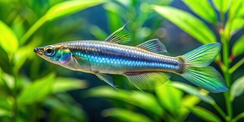 A vibrant, iridescent fish swims gracefully amidst lush aquatic vegetation, its scales shimmering with a spectrum of blues and greens