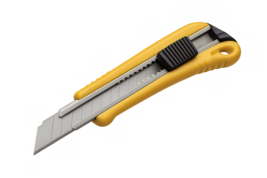 Yellow utility knife with sharp blade for cutting tasks, craft work, and opening boxes, transparent background
