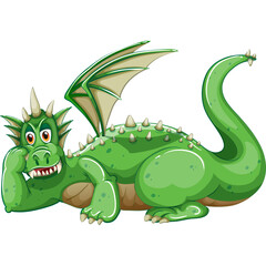 A Pixelated Green Dragon Rests on its Side with Wings Folded and a Thoughtful Expression on a Transparent Background