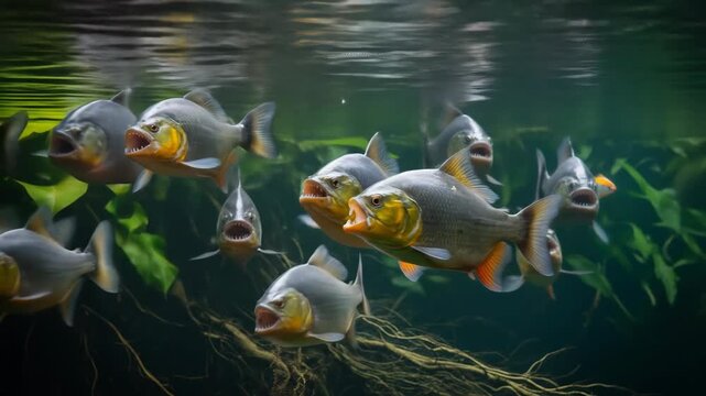 A School of Piranha Fish Swimming Together in Dark Green Water Surrounded by Aquatic Plants and Light Rays from Above