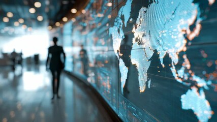 A futuristic office scene features a digital map of the world, emphasizing technology and global business trends. The blurred figure suggests innovation, analytics, and international networking - Powered by Adobe