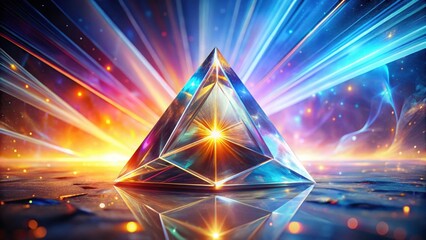 Radiant Crystal Pyramid Illuminated by Vibrant Light Beams on Reflective Surface