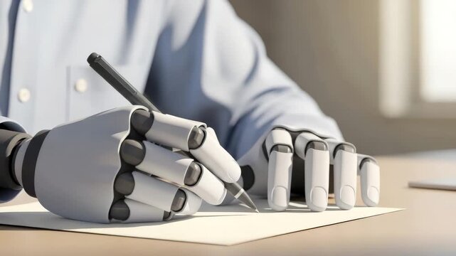 A robot with futuristic hands writing on paper with a pen. Close-up of a cyborg signing a document. Artificial intelligence and automation technology concept