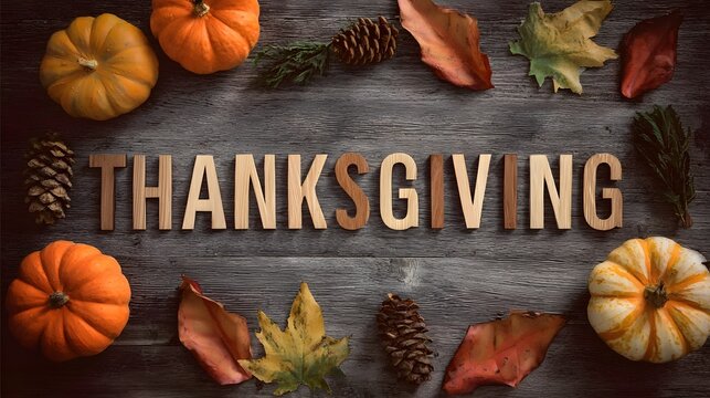 Rustic wooden “THANKSGIVING” word centered on aged plank, burnt-edge finish, encircled by amber maple leaves and mini pumpkins, generous negative space for custom text, warm autumn palette