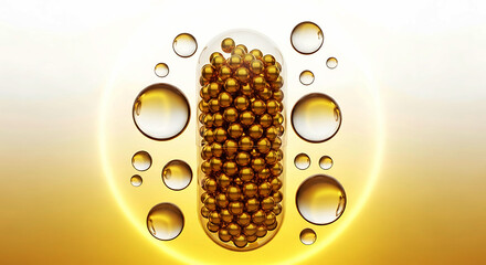Transparent capsule filled with golden spheres surrounded by liquid droplets pill medicine