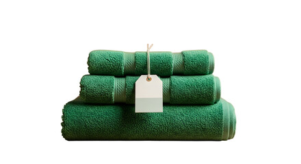 Stack of fluffy green bath towels with a blank white tag hanging from the top towel isolated on transparent background