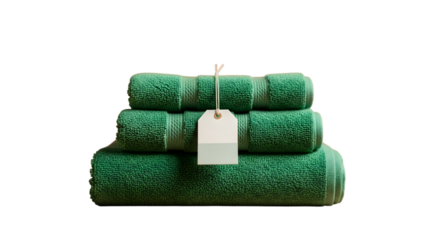 Stack of fluffy green bath towels with a blank white tag hanging from the top towel isolated on transparent background