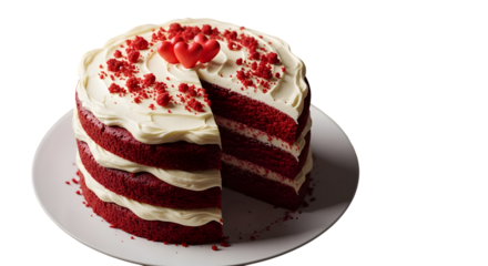 Delicious tall red velvet cake with creamy white frosting and red sprinkles isolated on transparent background