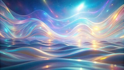Abstract iridescent waves flowing across a luminous, celestial landscape under a vibrant, starry sky.