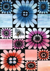 The illustration is highly decorative, built on a strong contrast between the dark background and bright, soft watercolor flowers, as well as on a combination of a floral motif and a geometric grid.