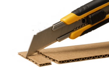 Utility knife blade cutting corrugated cardboard, box cutter slicing carton material, crafting and packaging tools