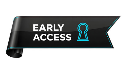 Glossy black ribbon banner with the words early access and a keyhole icon isolated on transparent background