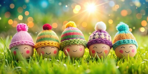 Cheerful eggs in knitted winter hats smiling in the grass enjoying spring sunlight