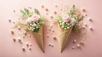 Pastel floral arrangements nestled in waffle cones, adorned with delicate beads and sprinkles on a soft pink backdrop