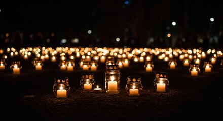 A solemn outdoor gathering in darkness, showing many flickering candles held close together, symbolizing hope, remembrance, and community support ,darkness ,empathy ,prayer