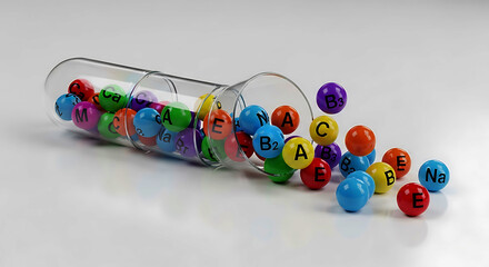 Transparent capsule spilling colorful vitamin mineral balls on white background vitamins minerals