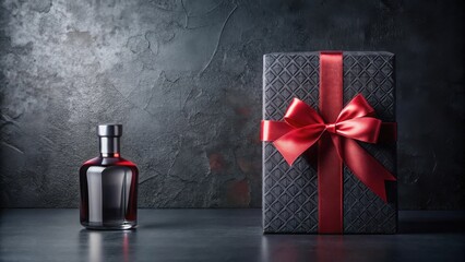 A Dark Elegant Gift Box with a Crimson Ribbon and a Mysterious Bottle