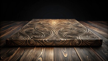 Intricate Carved Wooden Board on Dark Wooden Surface, Showcasing Detailed Swirling Patterns and Deeply Incised Lines, Ideal for Product Display or Decorative Purposes