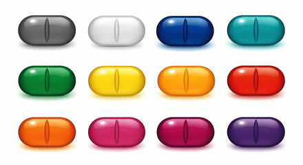 Twelve colorful oval pills with a dividing line arranged in three rows medicine capsule