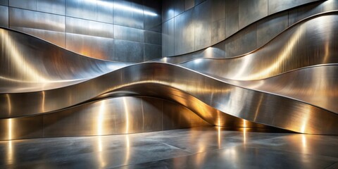 Abstract Architectural Interior Design with Wave-Shaped Metal Walls and Polished Floor