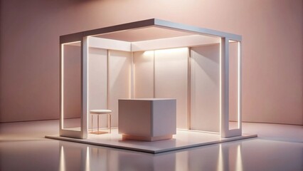 Modern Minimalist Exhibition Booth Design with Subtle Lighting and a Simple Stool