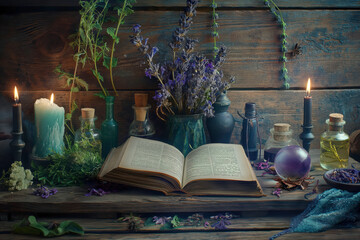 Ancient Open Book with Herbs, Lavender, and Candles on a Rustic Wooden Background