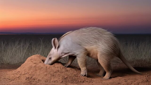 Aardvark Digging Into Termite Mound During Golden Hour Sunset In African Savanna With Orange Sky And Silhouette Hills