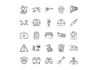 Animal Control & Rescue: Service Vector Icons, Pet Safety & Shelter: Line Art Icon Set, Wildlife Management Essentials: Black and White Icons