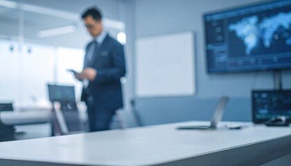 Fototapeta premium Blurred businessman in modern office environment using smartphone, symbolizing digital transformation, focus on technology, communication, and innovation in contemporary work culture