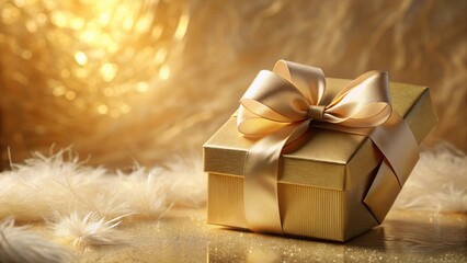 A Luxurious Gold Gift Box with a Satin Ribbon Bow, Resting on a Sparkling Golden Surface Adorned with Soft White Feathers